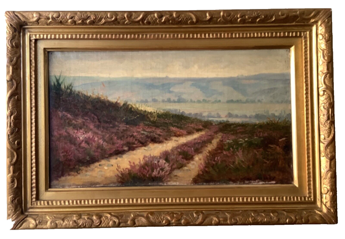 Signed heather path landscape by James Desvarreux, a sand track climbing between banks of flowering heather toward blue hills, late 19th century oil in a period gilt frame