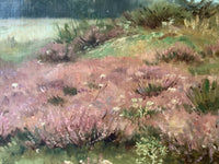 Impasto in the pink heather with a farmhouse roof beyond the tree line, oil on canvas detail