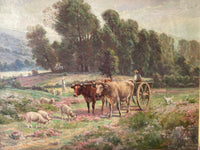 Four yoked oxen drawing a cart through flowering heather, sheep grazing and a shepherdess beyond, signed Desvarreux oil on canvas