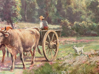 Macro of the cart wheel and the driver in his straw hat, a white terrier standing in the heather