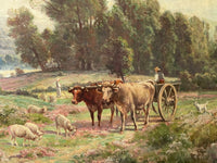 The oxen team, the flock and the shepherdess in the heather, the wooded bank closing the view