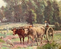 Macro of the yoked oxen and the cart wheel, the animals drawn with the weight carried in the shoulder (Desvarreux pastoral landscape)