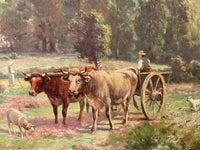 The four yoked oxen, the cart and the flock seen together across the flowering heather