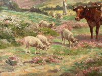 Macro of the grazing sheep and the flowering heather, laid in short dabs of pink, lilac and white over green