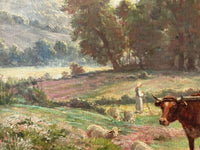 Macro of the shepherdess in white with her staff, the heather running back in bands of pink toward the wooded bank