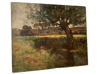 Angled view of the unframed canvas on its stretcher, the paint carrying over the edges