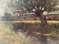 Close view of the pollarded willow, the reeds cut in single upward strokes over the dark water