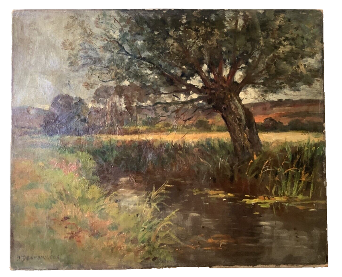 Willow leaning over dark water with reeds and a gold field beyond, signed oil on canvas