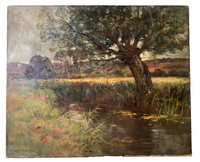 Willow leaning over dark water with reeds and a gold field beyond, signed oil on canvas