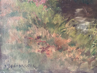 Signature J. Desvarreux in black at the lower left, among the pink and rust touches of the bank