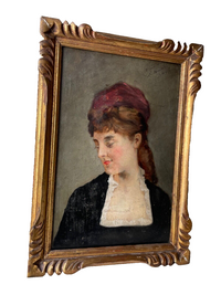 Angled view of the Diaque portrait showing the loaded impasto of the wine-red silk and the white shirt front, and the carved giltwood frame with losses at the upper left corner