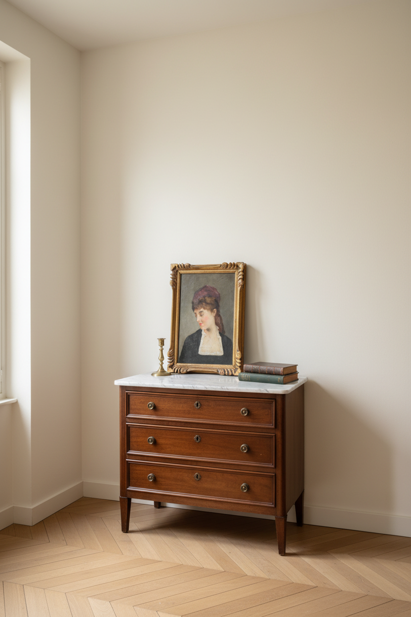 Corchon y Diaque portrait of a woman with a wine-red silk ribbon resting on the marble top of a walnut commode in a bedroom