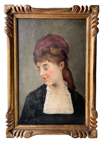 Corchon y Diaque portrait of a woman with a wine-red silk ribbon in her hair, oil on panel in a carved giltwood frame with water leaf ornament