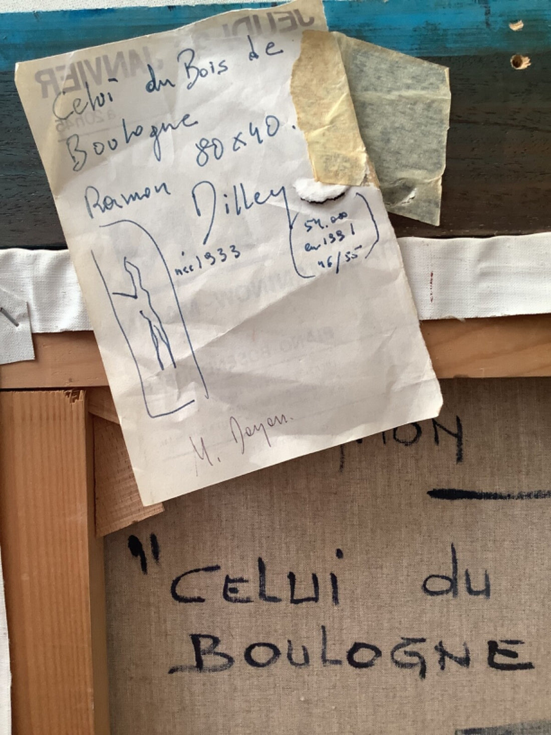 Handwritten note with the title and a sketch of the figure, pinned above the title written again in capitals on the canvas