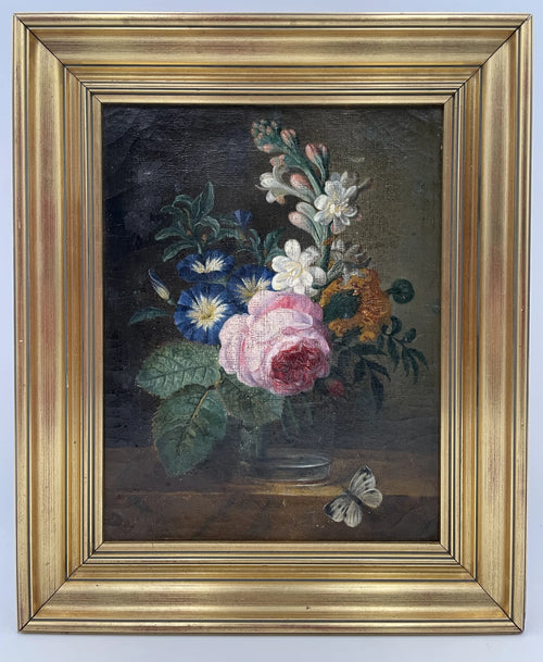 Antique Dutch School floral still life with a rose, morning glories and a butterfly, oil on canvas in a gilt frame