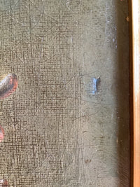 Detail of the dark background showing the scattered small losses in the thinly laid paint