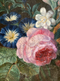 Detail of the pink rose beside two blue morning glories and white narcissus, showing the fine craquelure across the surface