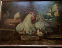 The Dutch School farmyard painting seen in its frame, the cockerel and hen with their chicks in the yard and a post mill in the landscape beyond