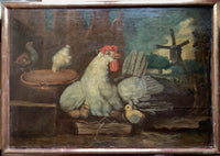 Dutch School farmyard painting of a hen with her chicks and an earthenware pan, a windmill beyond a ruined wall, oil on canvas in a moulded frame