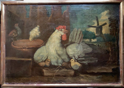 Dutch School farmyard painting of a hen with her chicks and an earthenware pan, a windmill beyond a ruined wall, oil on canvas in a moulded frame