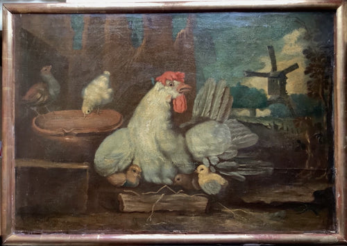 Dutch School farmyard painting of a hen with her chicks and an earthenware pan, a windmill beyond a ruined wall, oil on canvas in a moulded frame