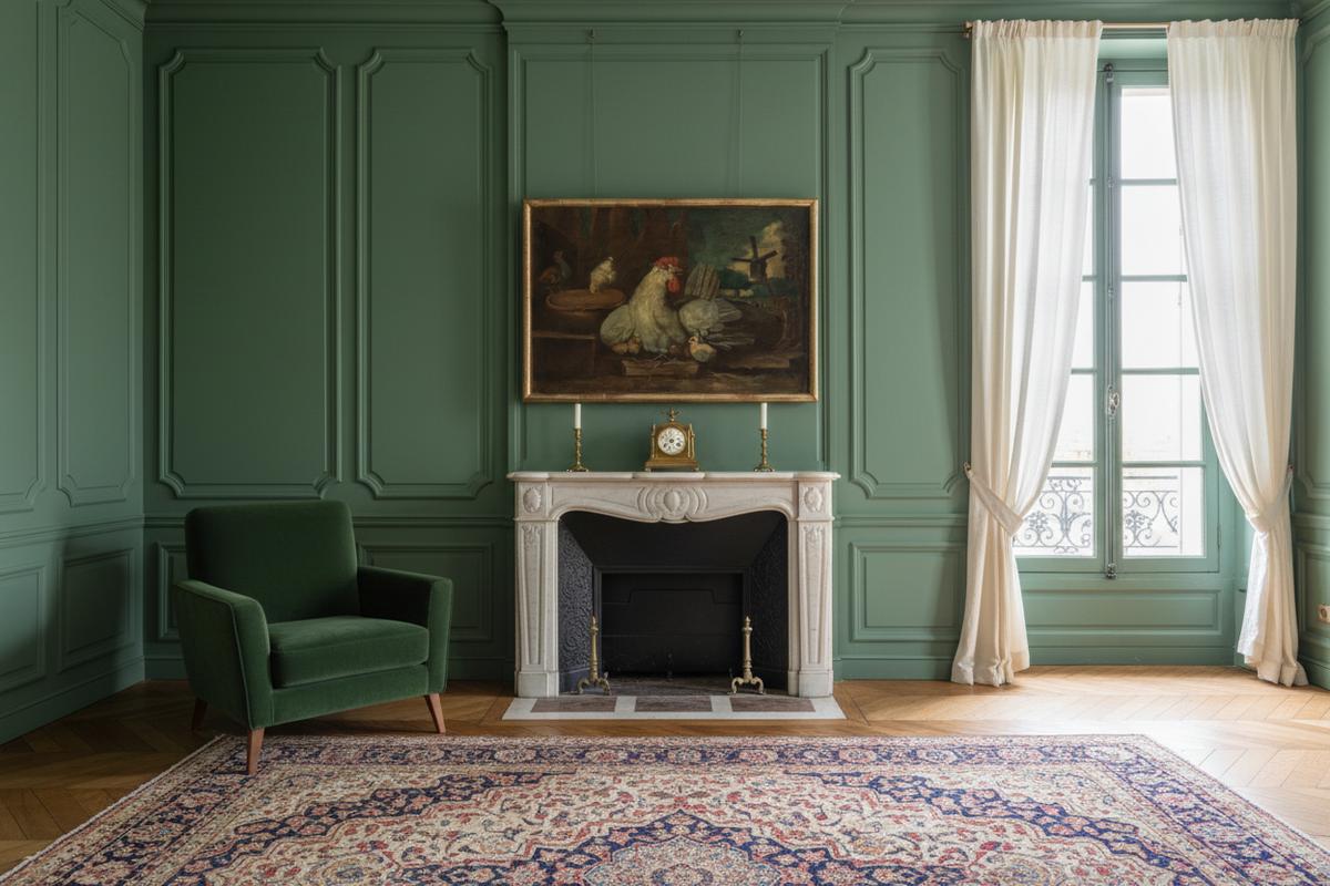 Dutch School farmyard painting hanging above a marble fireplace in a green panelled room, showing the scale of the framed canvas