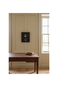 The small framed panel shown to scale on pale panelled wall above a walnut writing desk, beside a tall window (Earl of Arundel after Van Dyck, 19th century oil on panel)