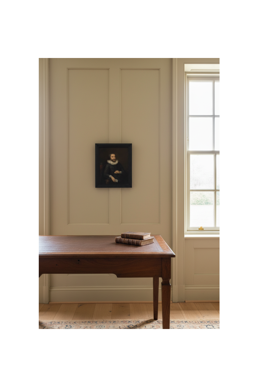 The small framed panel shown to scale on pale panelled wall above a walnut writing desk, beside a tall window (Earl of Arundel after Van Dyck, 19th century oil on panel)
