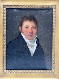 Close view of the head and the high white stock, with the open craquelure that runs across the ground and the dark coat