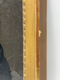 Edge of the gilt frame in close view, the bead moulding and the outer arris rubbed through to the red bole beneath the gold