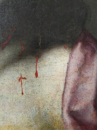 Macro of the chest in the Ecce Homo showing drops of blood laid over the flesh, the rose drapery at the shoulder and the age craquelure through the original paint