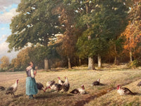 The girl in a blue skirt and pink kerchief distaff in hand, the turkeys crowding at her feet in the shorn field with the oak wood behind