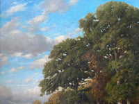Detail of the oak canopy against the sky, the foliage built in small loaded dabs with the blue left showing between the leaves