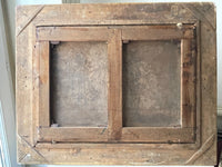 Reverse of the unlined canvas on its keyed stretcher with a central crossbar, a small printed stamp at the upper right corner of the frame