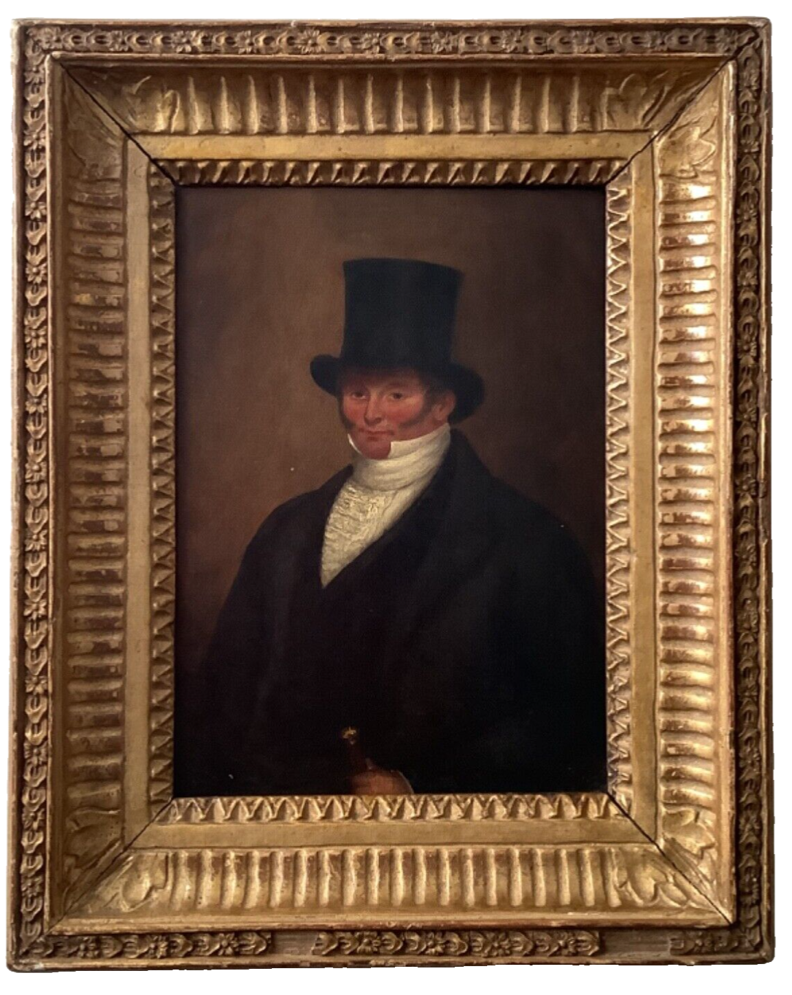 Antique English portrait of a man in a tall black top hat and white stock, oil on canvas in a carved gilt frame