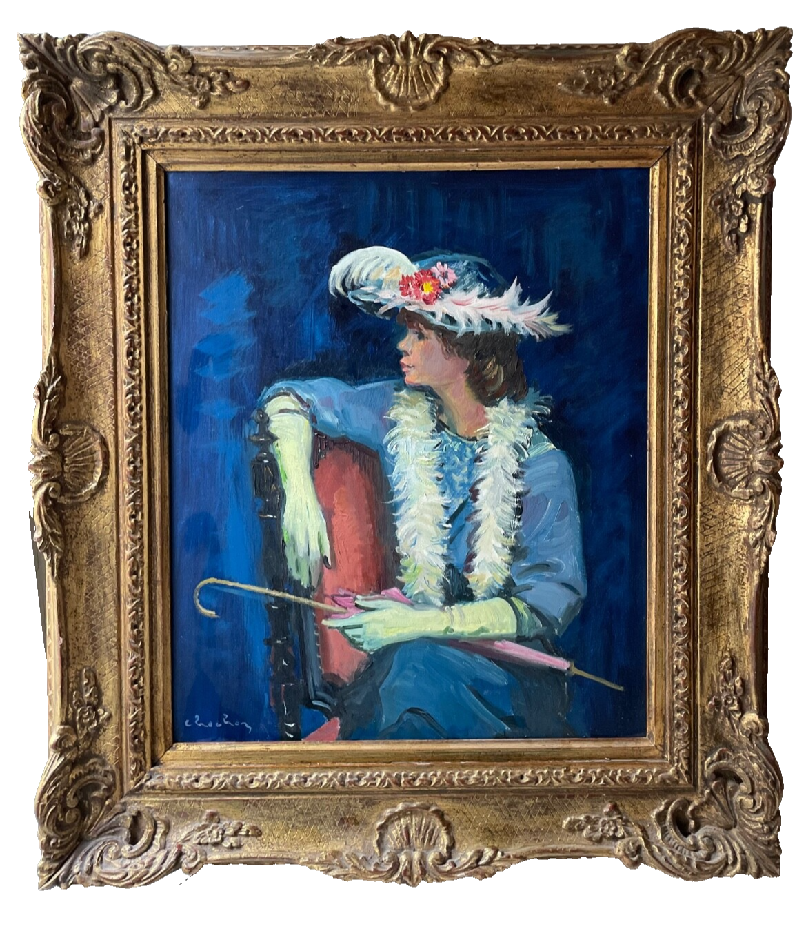 Woman with yellow gloves, a feathered hat and a pink parasol, signed oil on canvas by André Chochon, in a gilded frame