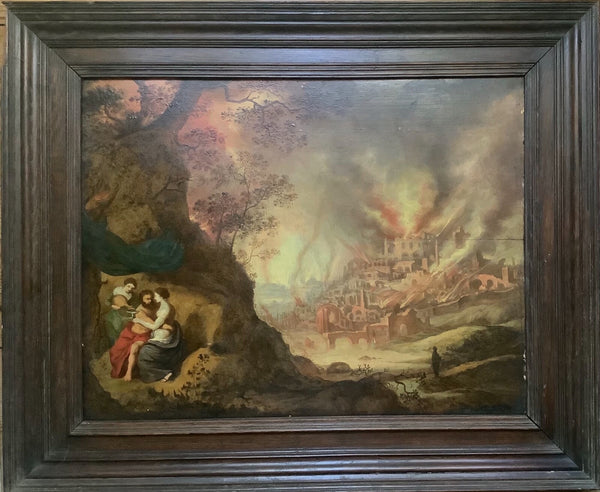 A city burning on the right, Lot and his daughters in shadow on the left, Flemish, circa 1600