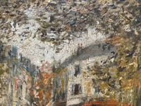 Close view of the paint surface, the foliage in short loaded touches and the pale facade dragged in ridges of thick pigment