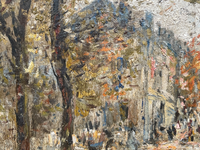 Close view of the tree trunks against the facades, with orange and blue touches in the foliage and small figures below