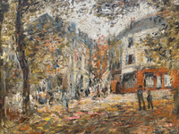 Close view of the panel showing the cart at the left, the figures gathered under the trees, and the red shopfront at the right