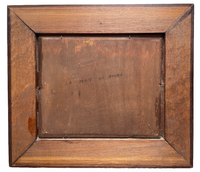 The back of the wood panel with the title La Place du Bourg written in black marker, held in the frame by metal points