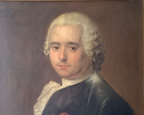 Antique 18th century French portrait of a gentleman with a lace jabot and a pink carnation, oil on canvas in a gilt frame