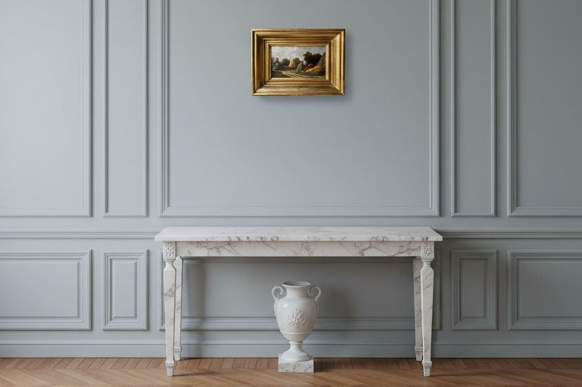 Room setting showing the framed panel hung above a fireplace in a grey panelled room (1882 Barbizon haystacks landscape)