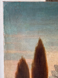 Two cypresses close the left side, with the light dropping behind them