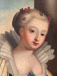 The pleated ruff stands high behind her head and a blue ribbon is tied flat at the breast, a costume of the sixteenth century worn in the eighteenth