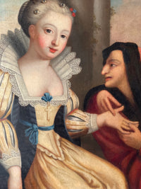 Red and black drapery covering the second figure from head to foot, only the face and the hands left showing