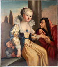 A fortune teller takes a young woman's hand while a boy lifts her purse, French genre scene, oil on canvas, 18th century