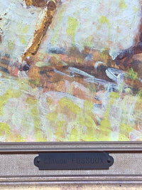 The engraved brass plate reading Claude Fossoux, fixed to the linen slip below the painting