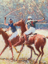 Close view of the two riders and their ponies, the mallets swung out in opposite arcs above the chestnut coats