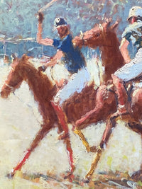Close view of the rider in blue on his chestnut pony, the legs marked with strokes of red and yellow, over a ground of pale broken colour